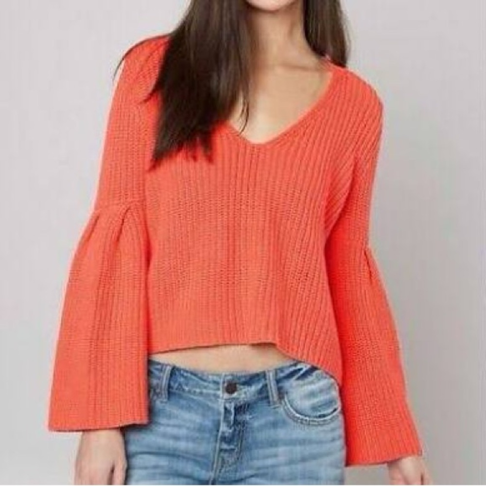 Free People coral Sweater with Ribbed Texture bell sleeves boho